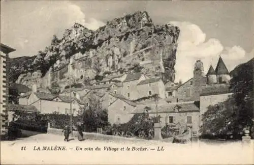 Ak La Malène Lozère, Un coin du Village et le Rocher