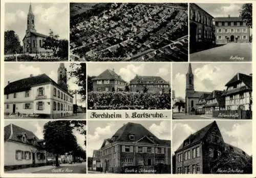 Ak Forchheim Rheinstetten in Baden, Fliegeraufnahme, St. Martinskirche, Rathaus, Adlerstraße