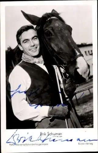 Ak Schauspieler Erik Schuman, Portrait, Pferd, Autogramm