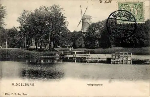 Ak Middelburg Zeeland Niederlande, Aalfischerei, Windmühle