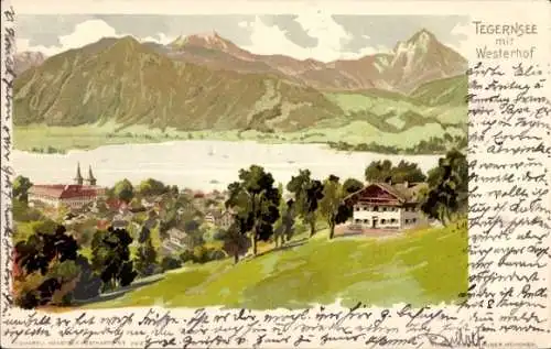 Künstler Litho Tegernsee in Oberbayern, Westerhof, Panorama