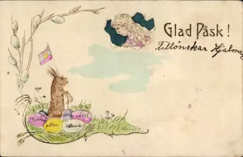 Litho Glückwunsch Ostern, Weidenkätzchen, Osterhase, Ostereier, Mädchen