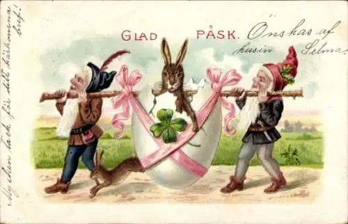 Litho Glückwunsch Ostern, Zwerge tragen Osterhasen im Ei, Kleeblatt