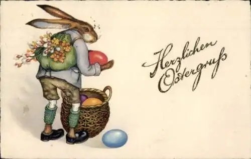 Ak Glückwunsch Ostern, Osterhase mit bunten Ostereiern