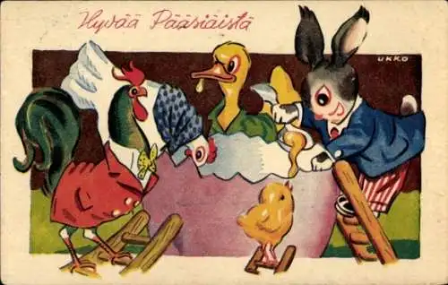 Ak Glückwunsch Ostern, Vermenschlichte Küken und Hase, Eierschale