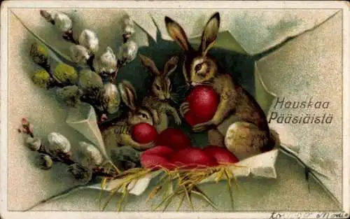 Ak Glückwunsch Ostern, Osterhasen, Weidenkätzchen, Rote Ostereier