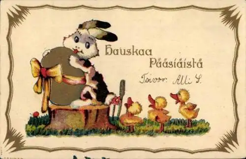 Ak Glückwunsch Ostern, Osterhase, Osterei mit Schleife, Küken