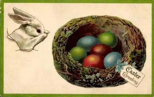 Ak Glückwunsch Ostern, Osterhasen, Ostereier im Nest