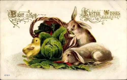 Präge Ak Glückwunsch Ostern, Osterhasen fressen Gemüse, Korb, Küken