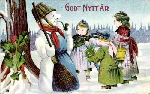 Ak Glückwunsch Neujahr, Kinder schmücken Schneemann