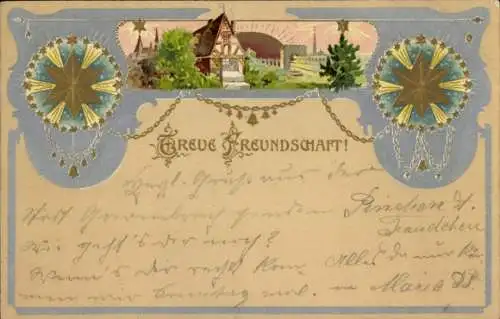 Litho Treue Freundschaft, Sterne, Glocken, Haus