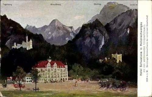 Künstler Ak Füssen im Ostallgäu, Hotel Schwansee, Säuling, Tegelberg, Straußberg