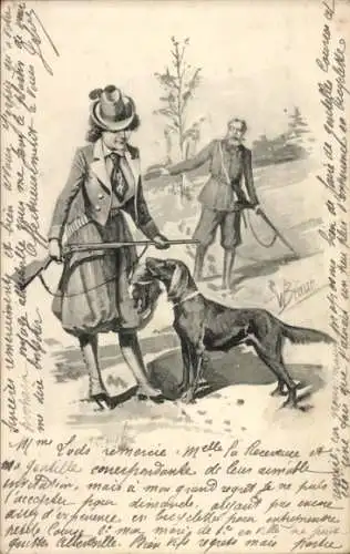 Künstler Litho Braun, W., Jägerin, Gewehr, Jagdhund mit Beute