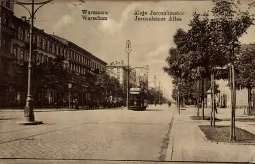 Ak Warszawa Warschau Polen, Jerusalemer Allee, Straßenbahn