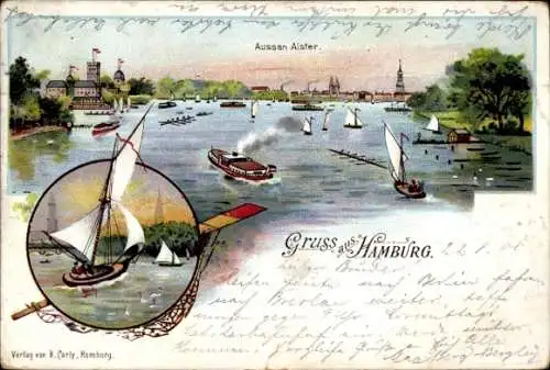 Litho Hamburg, Blick über die Außenalster, Segelboote, Dampfer