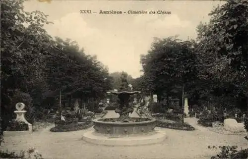 Ak Asnières sur Seine Hauts-de-Seine, Hundefriedhof, Brunnen, Statue, Grabstätten