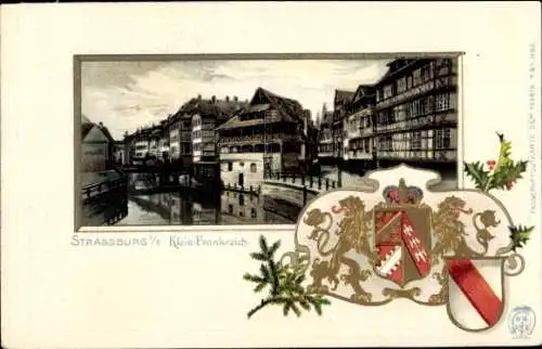 Präge Wappen Passepartout Litho Strasbourg Straßburg Elsass Bas Rhin, Klein Frankreich