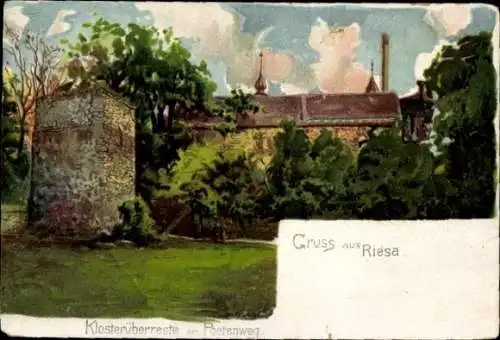 Künstler Litho Riesa an der Elbe Sachsen, Klosterüberreste am Poetenweg