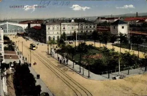 Ak Chemnitz Sachsen, Blick zum Hauptbahnhof, Straßenbahn, Park, Ottmar Zieher