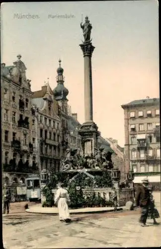 Ak München, Mariensäule, Straßenbahn, Personen