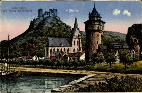 Ak Oberwesel am Rhein, Teilansicht, Schönburg, Kirche, Turm