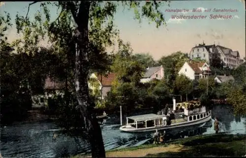 Ak Woltersdorf bei Berlin, Woltersdorfer Schleuse, Kanalpartie, Salondampfer, Sanatorium