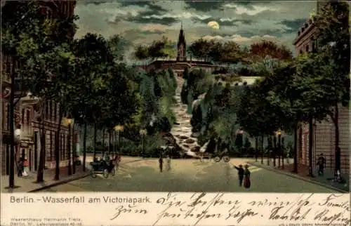 Litho Berlin Kreuzberg, Wasserfall am Victoriapark, Nachtansicht