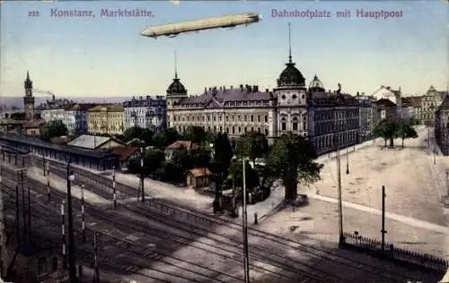 Ak Konstanz am Bodensee, Marktstätte, Bahnhofplatz, Hauptpost, Zeppelin