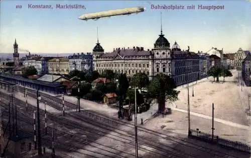 Ak Konstanz am Bodensee, Marktstätte, Bahnhofplatz, Hauptpost, Zeppelin