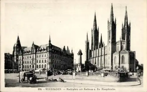 Ak Wiesbaden in Hessen, Marktplatz, Rathaus, Evangelische Hauptkirche