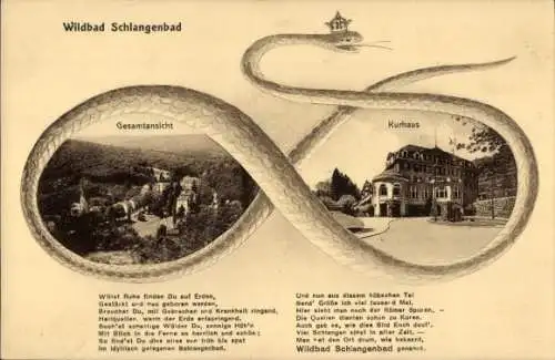 Ak Schlangenbad im Taunus Hessen, Gesamtansicht, Kurhaus, Schlange mit Krone, Gedicht