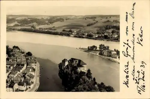 Ak Passau in Niederbayern, Blick aus der Vogelschau auf das Dreiflusseck