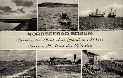 Ak Nordseebad Büsum, Atlantisfahrt, Fischkutter, Watt, Liegehalle, Strand