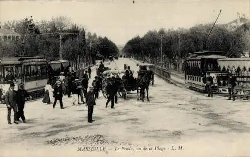 Ak Marseille Bouches du Rhône, Le Prado, Blick vom Strand, Straßenbahn