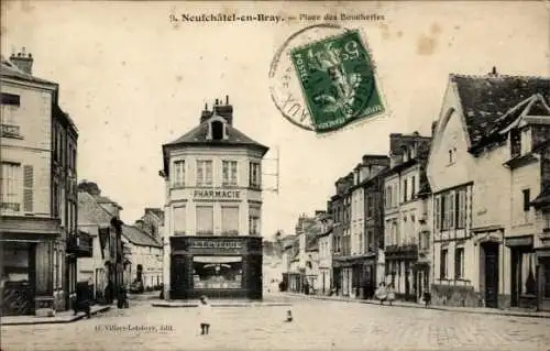 Ak Neufchâtel en Bray Seine Maritime, Place des Boucheries, Apotheke