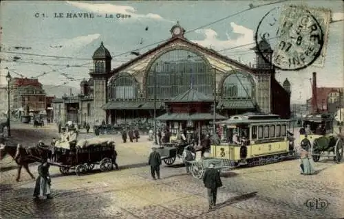 Ak Le Havre Seine-Maritime, Bahnhof, Straßenbahn