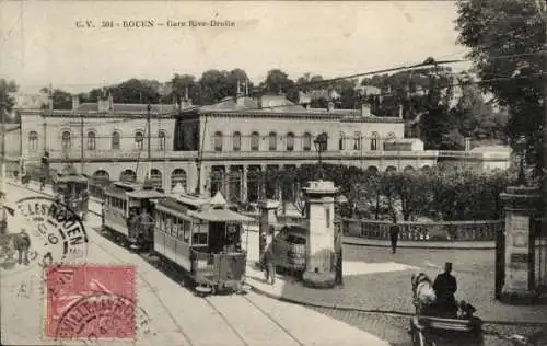 Ak Rouen Seine-Maritime, Bahnhof Rive Droite, Straßenbahn