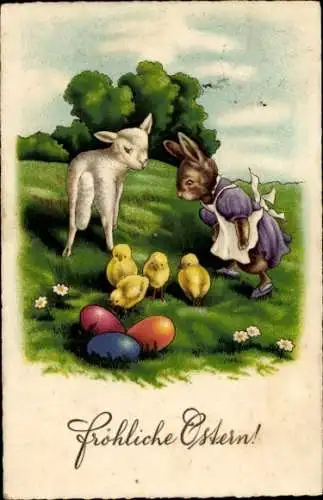 Ak Glückwunsch Ostern, Küken, Osterhase, Ostereier, Lamm