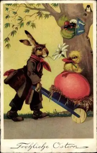 Ak Glückwunsch Ostern, Osterhase, Schubkarre, Osterei, Entenküken