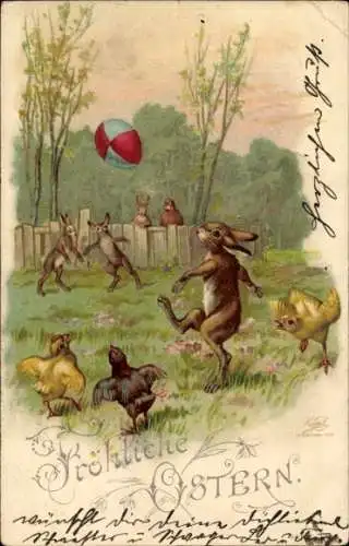 Litho Glückwunsch Ostern, Osterhasen und Küken spielen Fußball