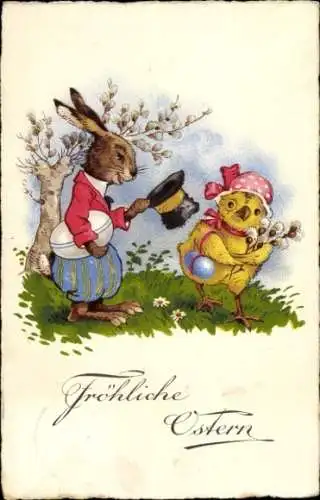 Ak Glückwunsch Ostern, Küken, Osterhase, Ostereier, Weidenkätzchen