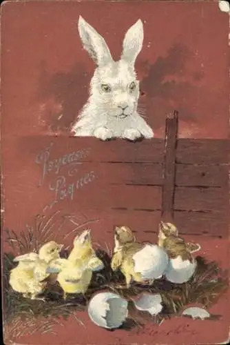 Präge Litho Glückwunsch Ostern, Weißer Osterhase, Küken schlüpfen aus