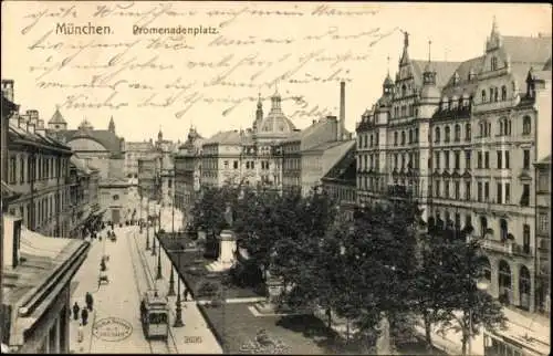 Ak München Bayern, Der Promenadenplatz, Straßenbahnen, Denkmal