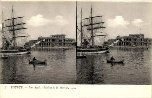 Stereo Ak Port Said Ägypten, Hafen, Haus der Marine, Segelschiff