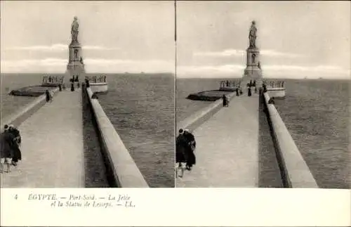 Stereo Ak Port Said Ägypten, Pier, Statue Lesseps