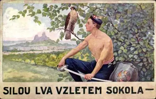 Künstler Ak Tschechoslowakei, Silou lva vzletem sokola, Sokole, Turnbewegung, Falke