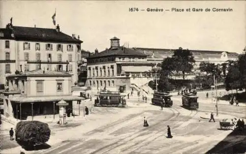 Ak Genève Genf Schweiz, Platz, Bahnhof Cornavin, Straßenbahn