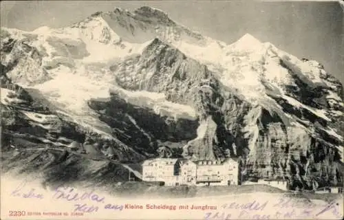 Ak Kt. Bern Schweiz, Kleine Scheidegg mit Jungfrau, Gebäude, Gebirge