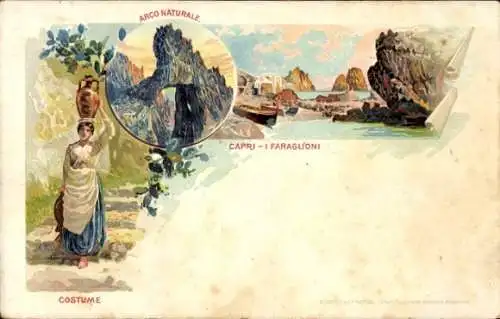 Litho Capri Neapel Campania, Frau in Tracht, Arco Naturale, Faraglioni