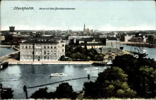 Ak Stockholm Schweden, Norra och Södra Blasieholmshamnen, Hafen, Teilansicht der Stadt